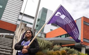 Nurse Sarita Sharma on strike in Wellington.