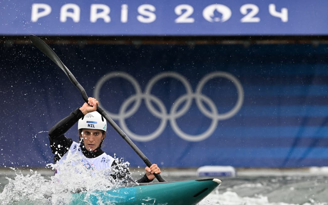 New Zealand's Luuka Jones competes in the women's kayak single heats canoe slalom competition at Vaires-sur-Marne Nautical Stadium in Vaires-sur-Marne during the Paris 2024 Olympic Games on July 27, 2024.