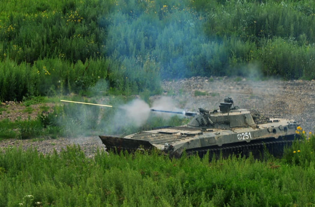 A Russian fighting vehicle during a tactical drill at the Klerk training camp in the Primorye Territory.