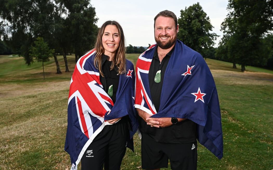 New Zealand squash star Joelle King and shot put champion Tom Walsh pose for pictures in Birmingham after being named as flag bearers ahead of the Opening Ceremony of the 2022 Commonwealth Games.