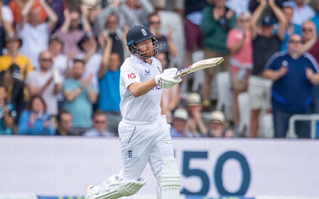 England's Jonny Bairstow celebrates his 150 against New Zealand during day 3 of the 3rd Test between New Zealand and England at Headingley, in Leeds, England on 25 June, 2022.