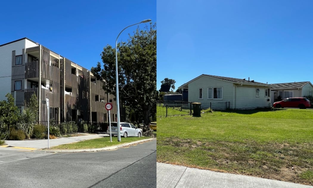 The new three-story apartment buildings, and right, the older state housing that is to be replaced by Kāinga Ora over the next 10-15 years.