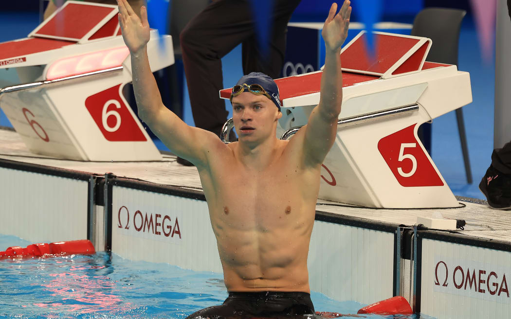 Leon Marchand from France wins the final of the men’s 400m individual medley at the Paris Olympics.