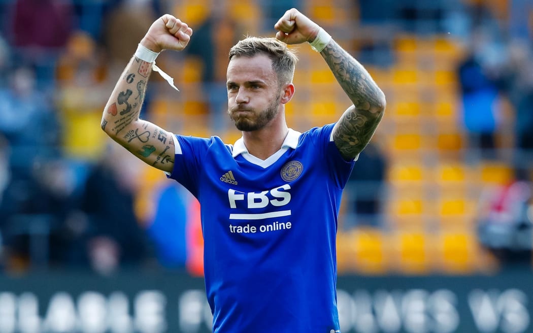 23rd October 2022; Molineux Stadium, Wolverhampton, West Midlands, England;  Premier League Football, Wolverhampton Wanderers versus Leicester City; James Maddison of Leicester City celebrates after the final whistle