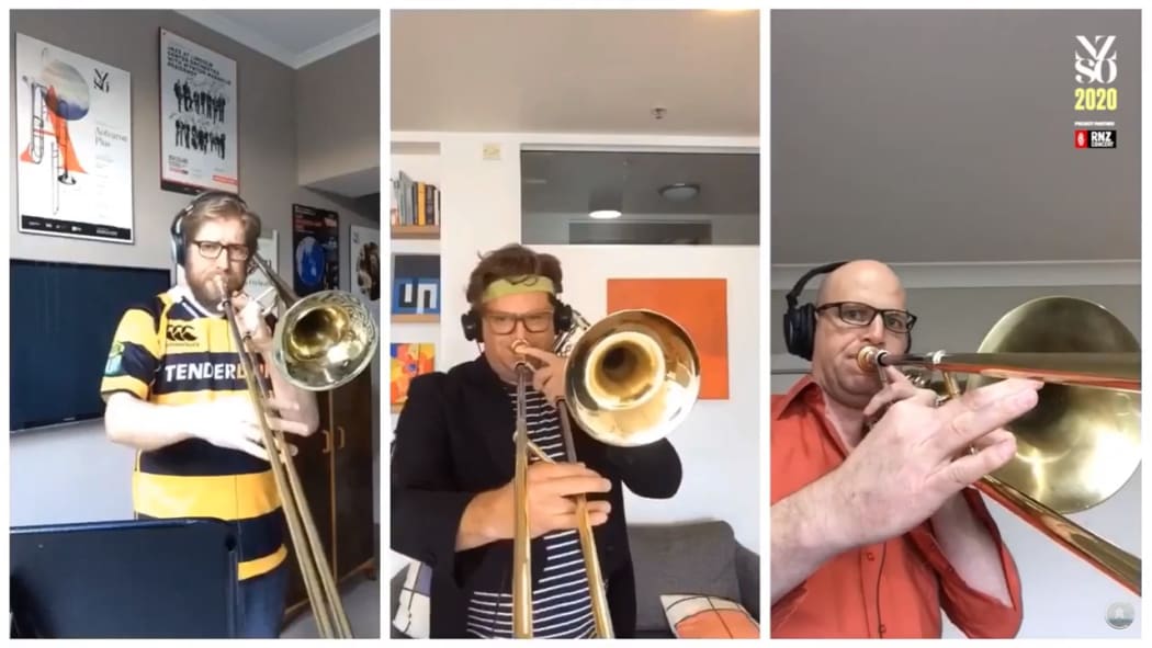 NZSO trombone players David Bremner, Matthew Allison and Shannon Pittaway perfoming at home.