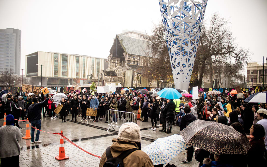 Black Lives Matter protest at Cathedral Square in Christchurch on 1 June 2020.