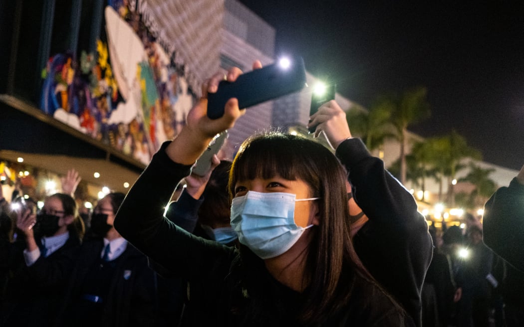 Students rally in support of the Hong Kong pro-democracy movement.