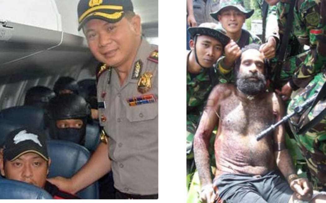 Left: Indonesian police chief poses with Andrew Chan, an Australian enroute for execution. Right:Indonesian soldiers pose with Yustinus Murib, a Papuan they have just killed.