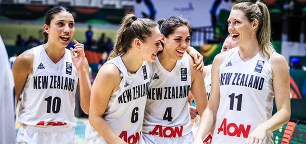 The Tall Ferns celebrate their win over Chinese Taipei.