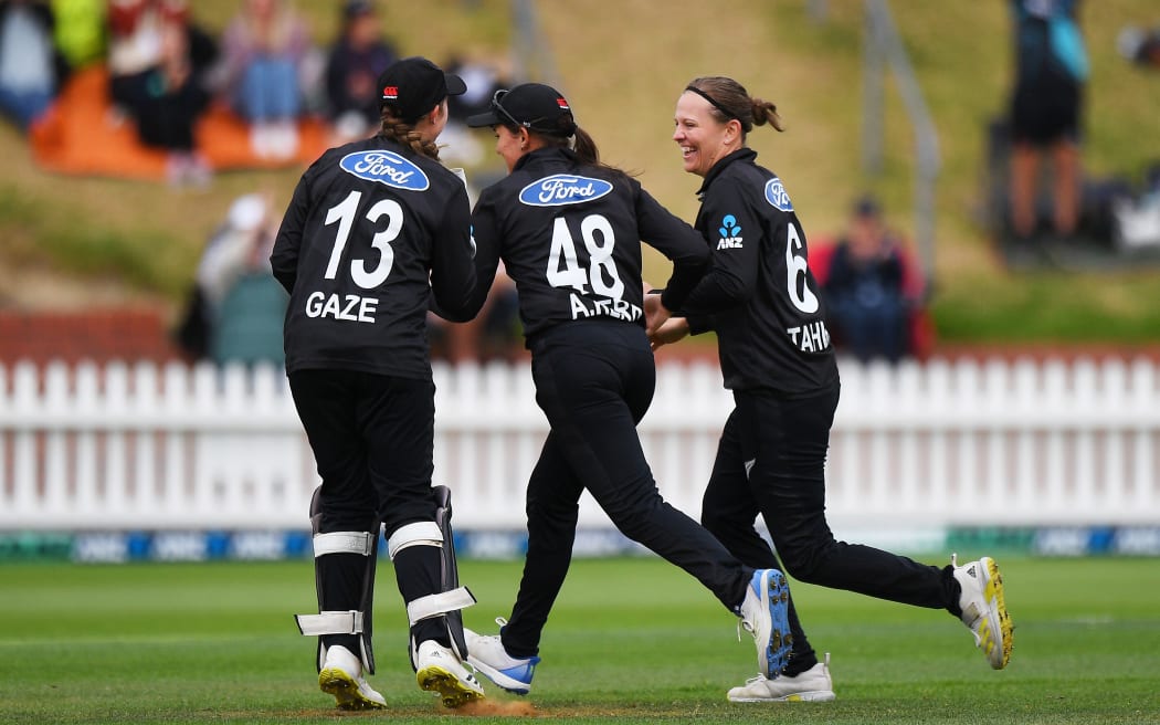 New Zealand player Lea Tahuhu celebrates her wicket during the 1st ODI International New Zealand White Ferns v England. Basin Reserve, Wellington, New Zealand. Monday 1 April 2024. ©Copyright Photo: Chris Symes / www.photosport.nz
