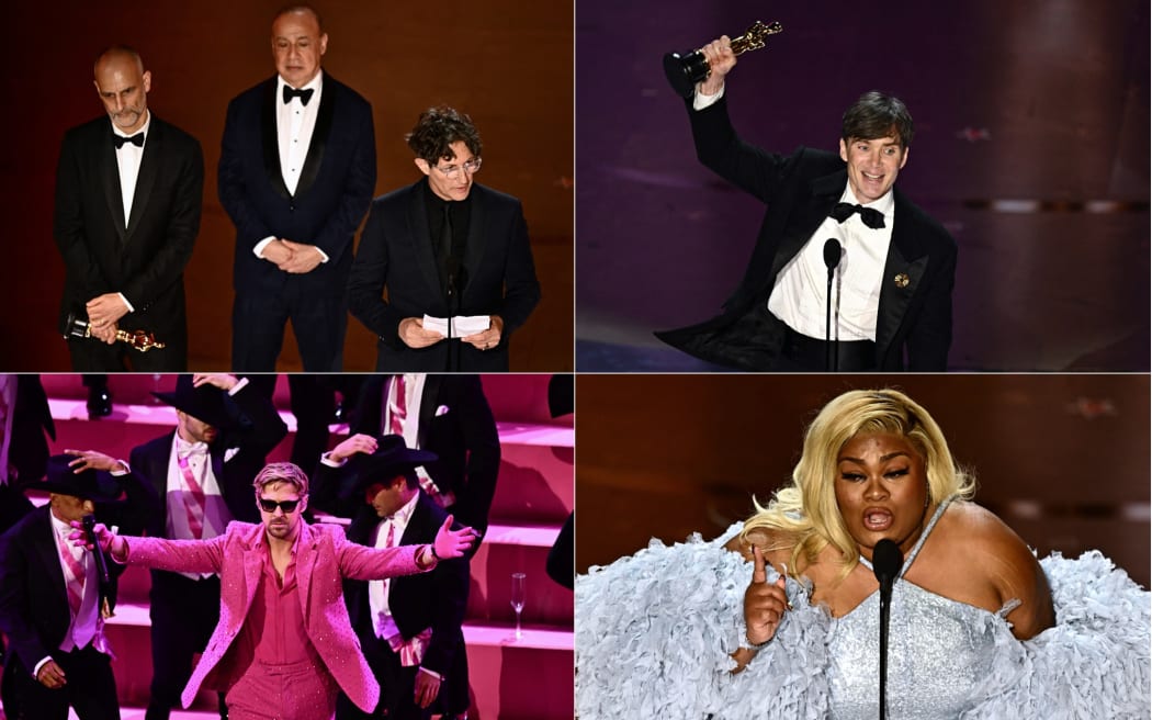 Some of the highlights from the 2024 Oscars ceremony in LA. Clockwise from top left: Director Jonathan Glazer gives his acceptance speech, Cillian Murphy accepts the Best Actor award, Da'Vine Joy Randolph collects Best Supporting Actress and Ryan Gosling performs.