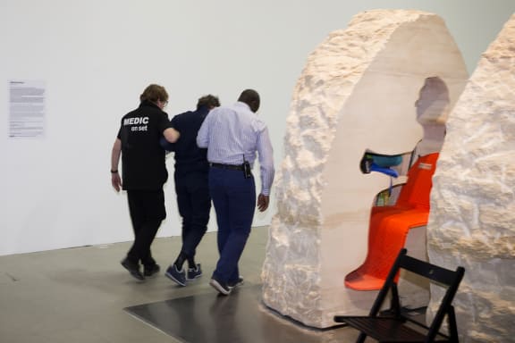 The hollowed-out limestone rock that French artist Abraham Poincheval lived inside.