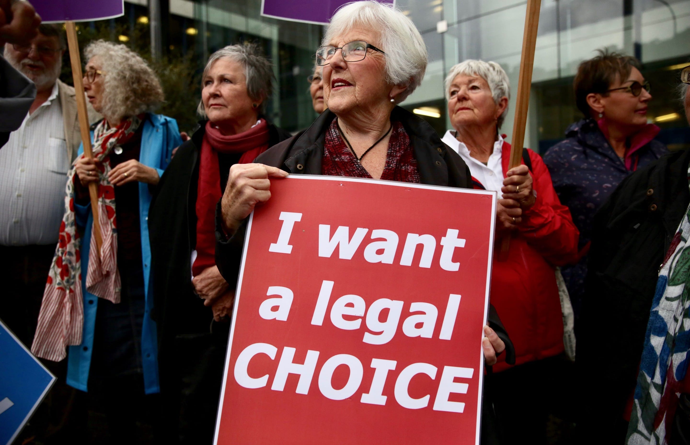 Euthanasia advocates stood outside the court during Susan Austen's sentencing on Friday, 11 May, 2018.