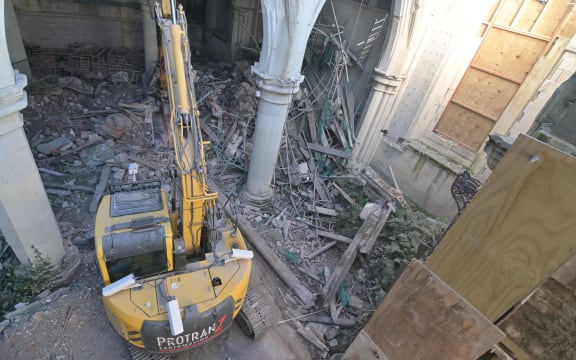 Remote operated digger clears debris in the Christchurch Cathedral