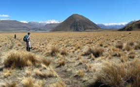 Trampers heading from Lake Heron to Double Hut, with Mt Sugarloaf to the right, which features as part of the Te Araroa Trail.