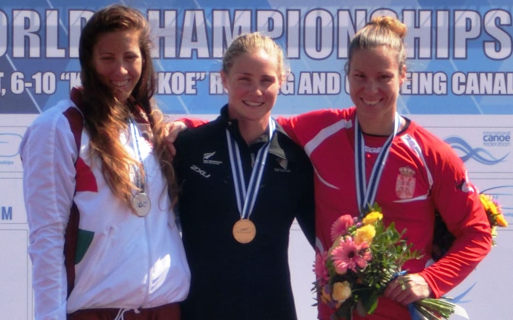 New Zealand's Teneale Hatton wins gold in the women's K1 1000 at the Canoe Sprint World Champs in Moscow, 2014.