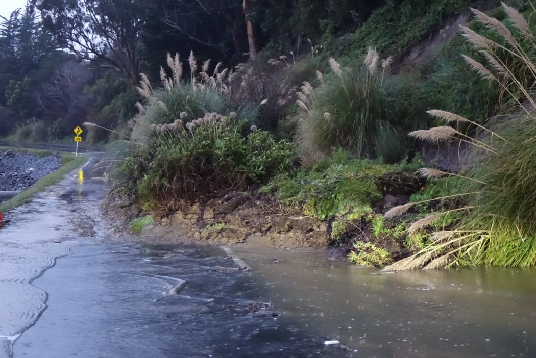 Slip covering most of Portobello Road, blocking the main Otago Peninsula road.