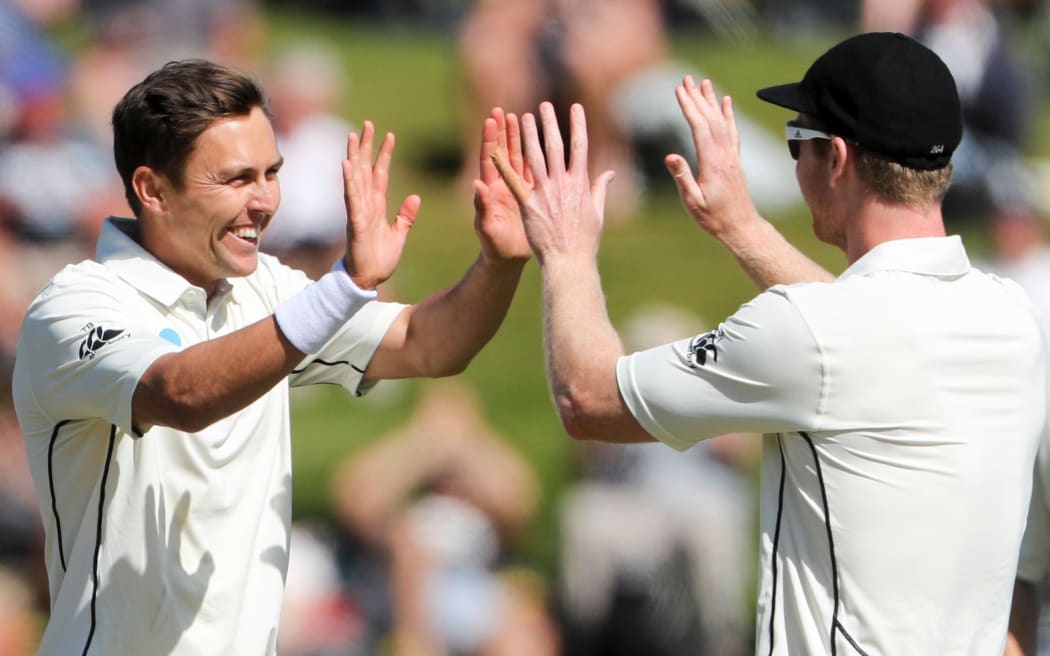 Trent Boult celebrates the wicket of Temba Bavuma.