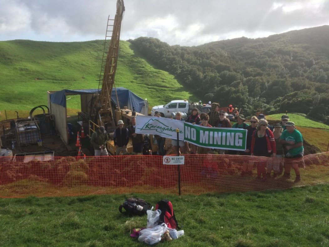 Protesters in Karangahake want Newcrest Mining to stop exploring for gold.