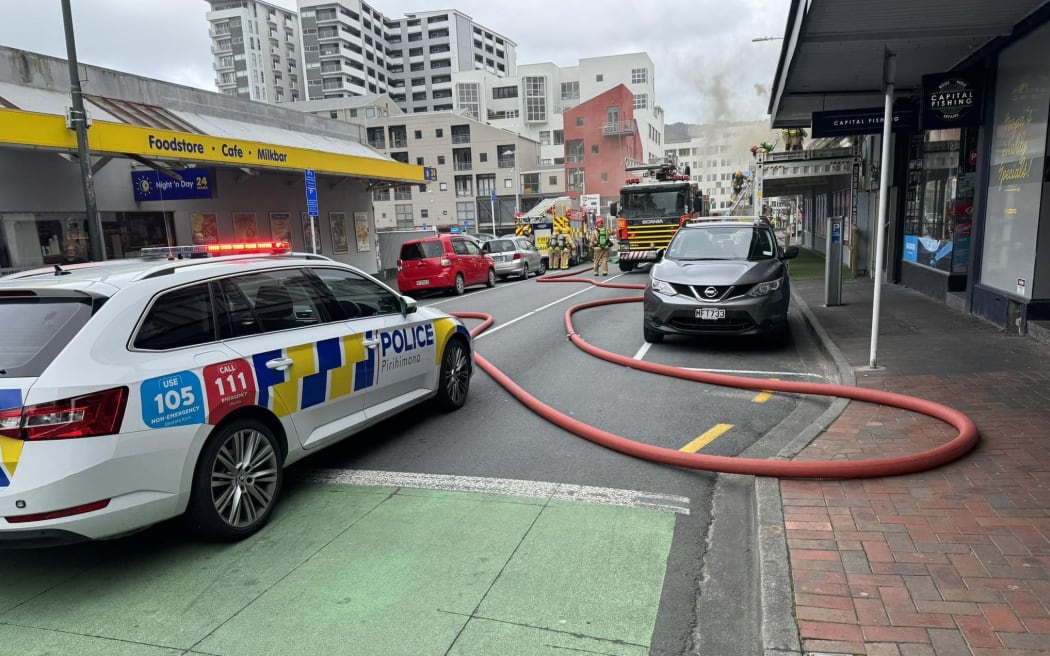 Smoke billows from a major fire at a vacant building on Ghuznee St in central Wellington.