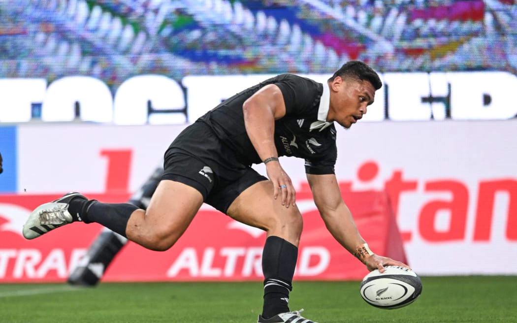 Caleb Clarke of New Zealand scores a try. New Zealand All Blacks v Fiji, International Rugby Union Test match at Snapdragon Stadium, San Diego.