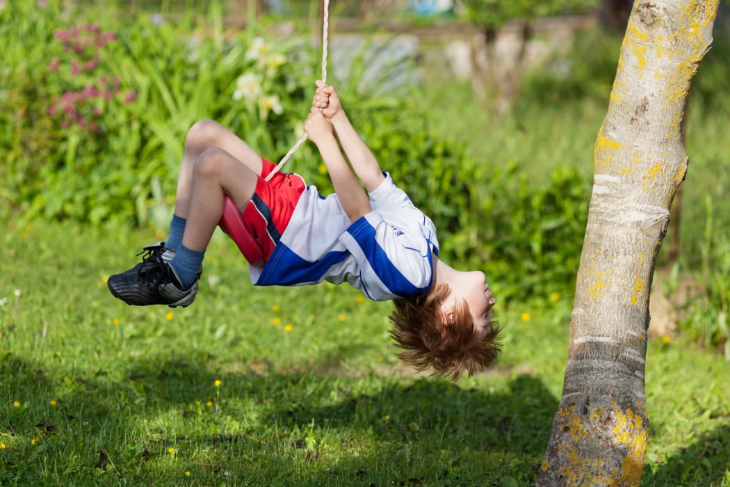 Little boy on a swing in the park.