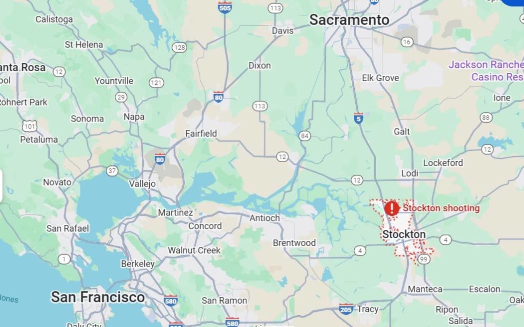 Location of Stockton, California, east of San Francisco, south of Sacramento.
