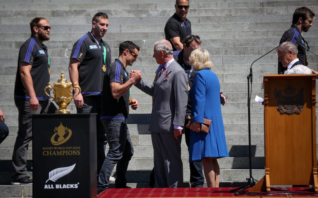Prince Charles greets All Black Dan Carter in Wellington.