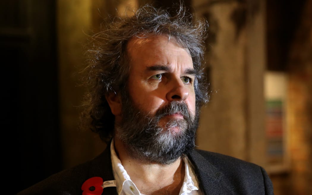 Sir Peter Jackson showing media around the Great War exhibition in Dominion Museum,Wellington.