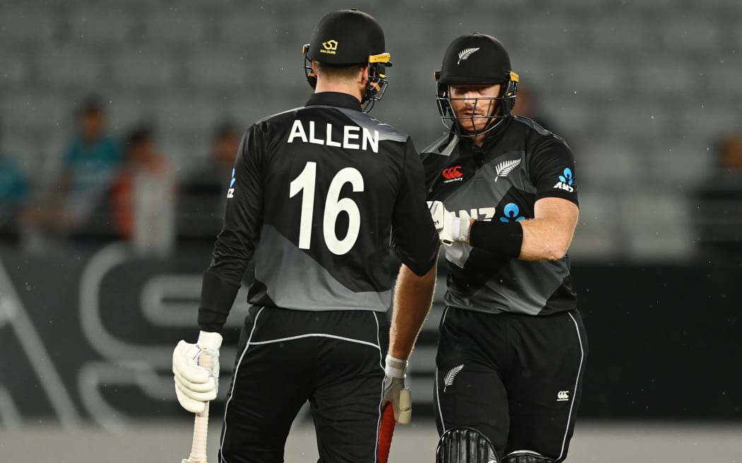 Finn Allen and Martin Guptill
New Zealand Black Caps v Bangladesh International Twenty20 cricket match. Eden Park, Auckland, New Zealand. Thursday 1 April 2021.