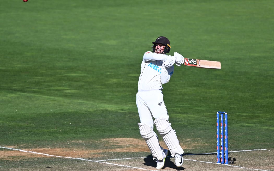 New Zealand’s Glenn Phillips bats off the bowling of Australia’s Mitchell Starc, New Zealand Blackcaps v Australia, Day 2, 1st Test, Cello Basin Reserve, Wellington. Friday 01 March 2024. (Kerry Marshall/Photosport)