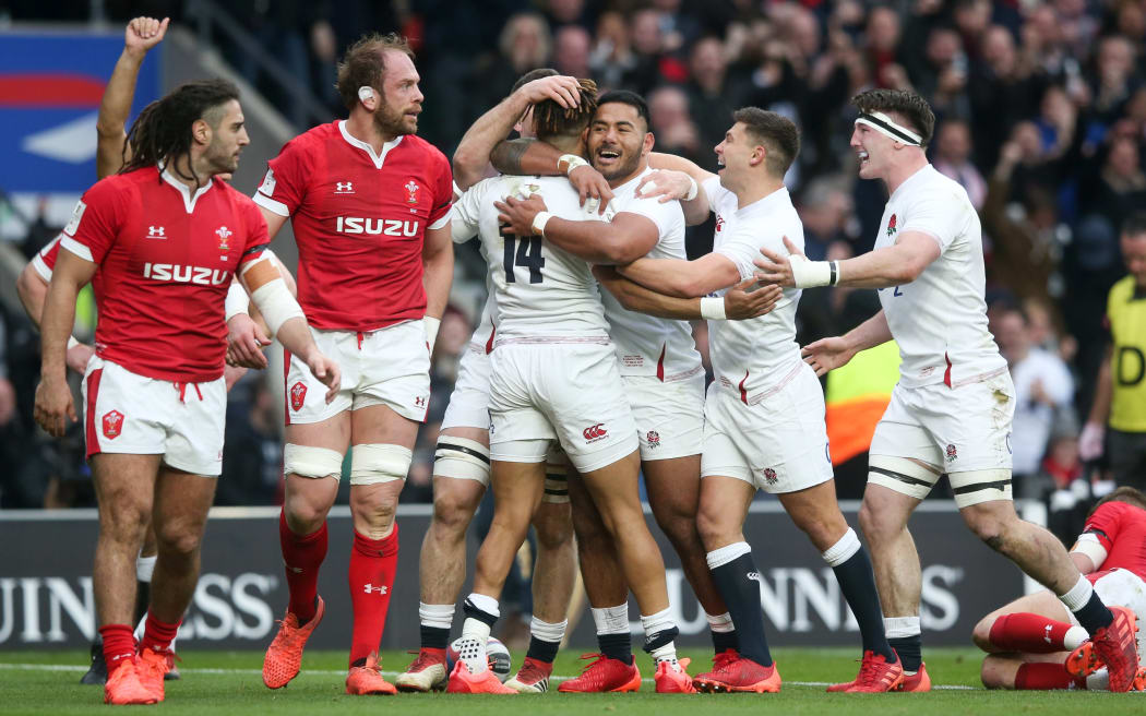 2020 Guinness Six Nations Championship Round 4, Twickenham Stadium, Twickenham, England 7/3/2020
England vs Wales
England's Anthony Watson celebrates scoring a try with Manu Tuilagi
Mandatory Credit Â©INPHO/Andrew Fosker