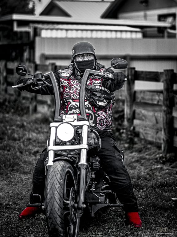 Mongrel Mob, gang patch, identifies particular person. DO NOT USE AS GENERIC
