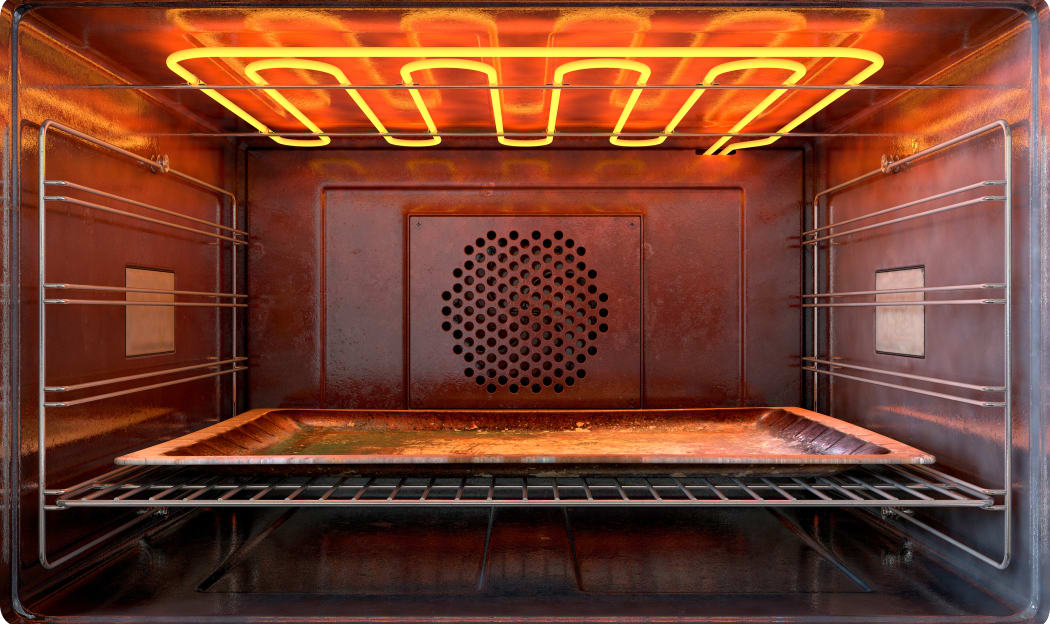 A close view inside a  hot operational household oven with an empty tanished baking tray - 3D render