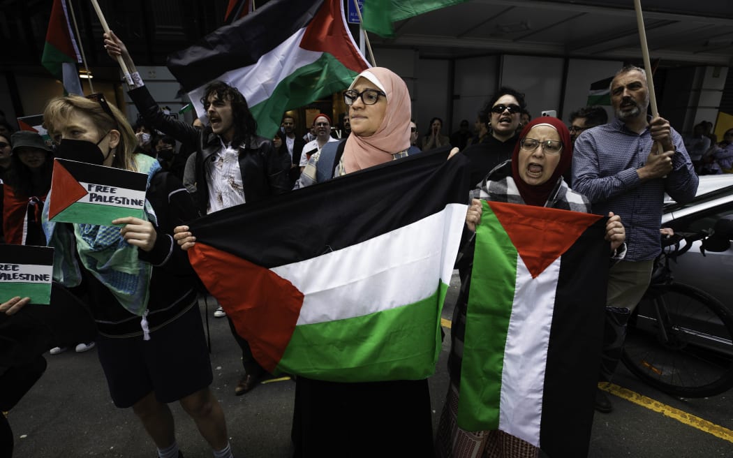 About 80 Palestinian supporters protesting outside the Israeli Embassy in Wellington on 9 November 2023.