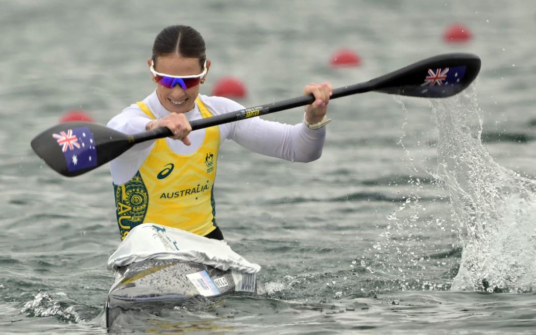 Australia's Alyce Wood competes in the women's kayak single 500m heats canoe sprint competition at Vaires-sur-Marne on August 7, 2024. (Photo by Bertrand GUAY / AFP)