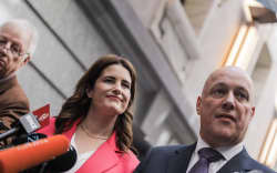 Incoming Prime Minister Christopher Luxon and National deputy leader Nicola Willis speaking to reporters at Parliament.
