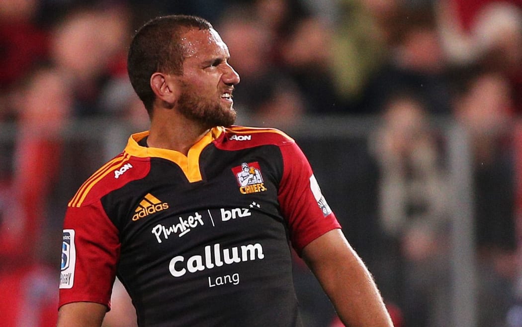 The Chiefs first-five Aaron Cruden leaving the field injured during the Super Rugby game between the Crusaders and Chiefs  in Christchurch.