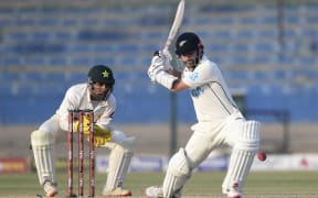 New Zealand's Kane Williamson plays a shot during the third day of the first Test match between Pakistan and New Zealand at the National stadium in Karachi, 2022.