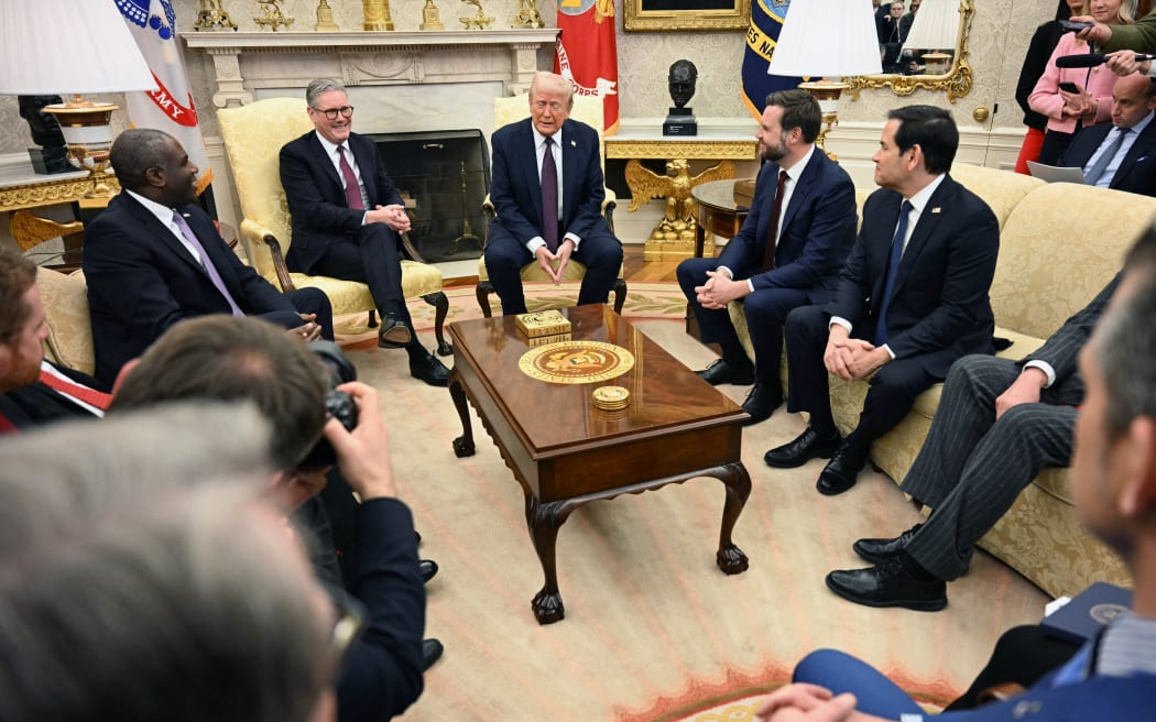 US President Donald Trump holds a bilateral meeting with British Prime Minister Keir Starmer, as UK Foreign Secretary David Lammy (left), US VP JD Vance (second right), and US Secretary of State Marco Rubio (right) look on in the Oval Office of the White House in Washington, DC, on 27 February, 2025.