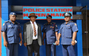 Assistant Commissioner of Police for Logistic Tony Duwang, Foreign Affairs Minister Rimbink Pato, Police Commissioner Gari Baki and Enga Provincial Police Commander  George Kakas in front of the new  Wapenamanda  police station (left to right). Picture by Police Media Unit.