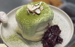 Japanese style matcha souffle pancakes, with red bean side, at Auckland dessert store Kori.
