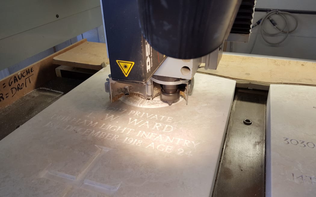 A laser machine engraves a war headstone.