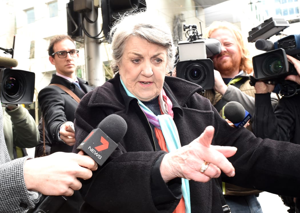 Maggie Kirkpatrick leaves after being sentenced in Melbourne for historic child sex charges on 21 April 2015.