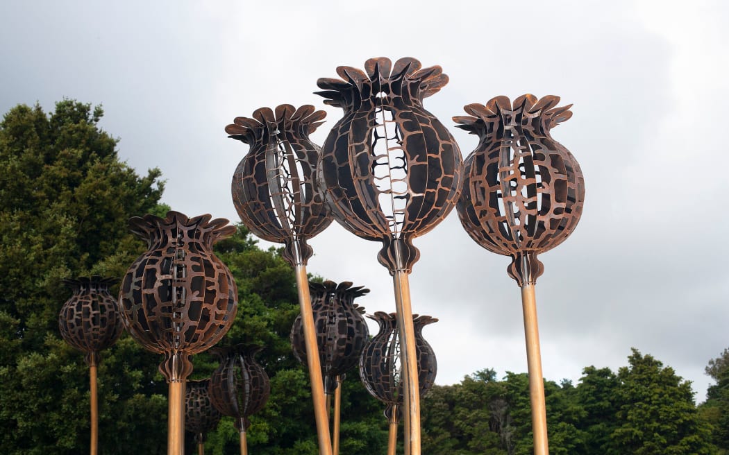 Jane Downes’ metres-high corten steel flower buds are in full bloom at Auckland Botanic Gardens.