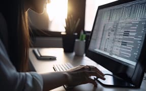 Female programmer working on computer in office, closeup of hands. A woman rear view closeup in her office desk using computer, AI Generated