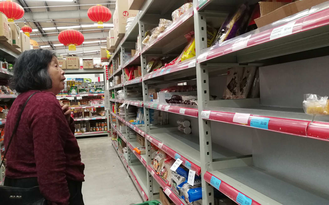 Wu’s mother struggles to find noodles at an Auckland supermarket on 3 March 2020.