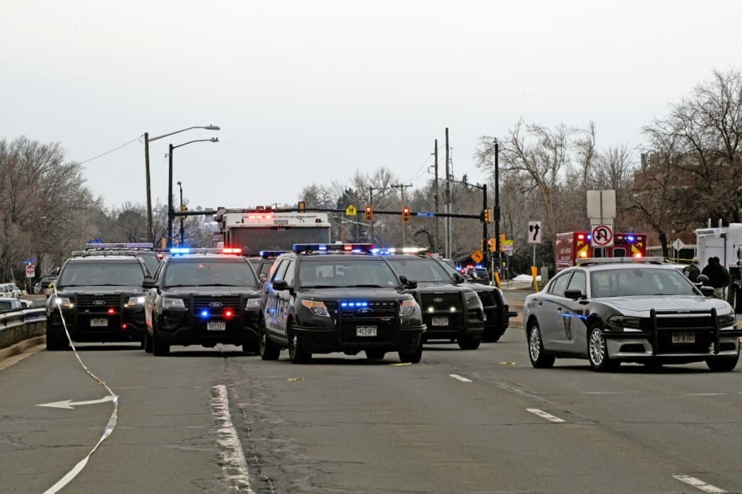 Emergency vehicles line Broadway in Boulder, Colorado after reports of an active shooter at the King Soopers grocery store.