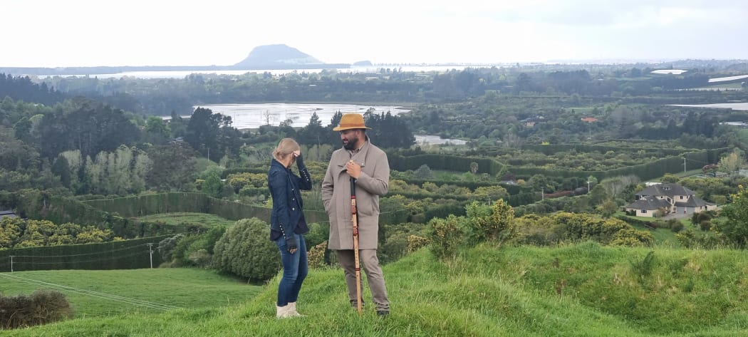 Mihingarangi Forbes and Koro Nicholas in front of Mt. Maunganui