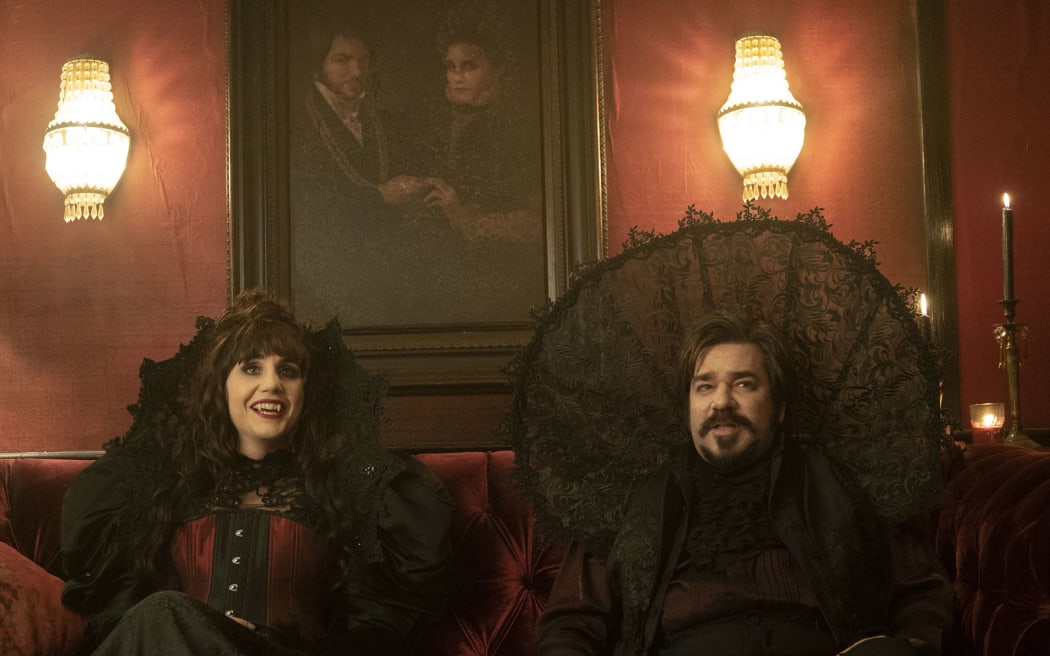 Natasia Demetriou as Nadja and Matt Berry as Laszlo in What We Do In The Shadows.